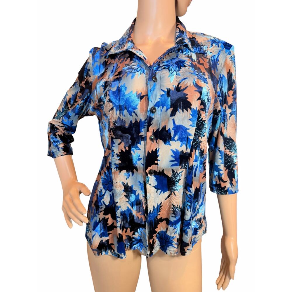 VTG 90s Velvet Burnout Blouse Small Blue Floral Sheer Boho Whimsigoth Glam Top - Picture 3 of 15